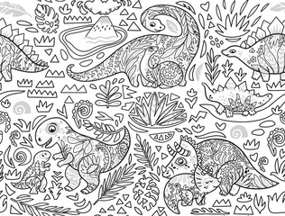 Wall Mural - Ink seamless pattern with mom and baby dinosaurs and tropical plants. Vector illustration