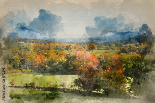 Fototapeta na wymiar Watercolour painting of Beautiful Autumn Fall sunrise foggy landscape image over countryside in Lake District in England