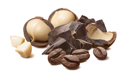 Wall Mural - macadamia nuts, chocolate and coffee beans isolated on white background
