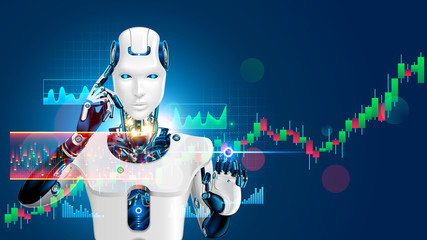 Robot trading on stock market. Artificial intelligence of forex broker with analyzing business charts with investment financial data. Computer software of trade on stock exchange. Cyborg trader.