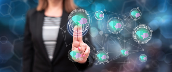 Woman touching a communication network concept