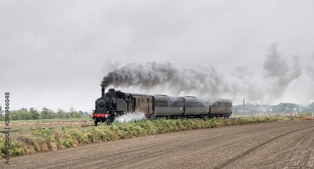 Vintage steam train with ancient locomotive and old carriages runs on the tracks in the countryside - obrazy, fototapety, plakaty 