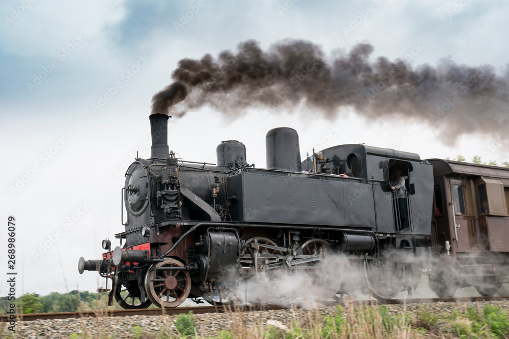 Vintage steam train with ancient locomotive and old carriages runs on the tracks in the countryside - obrazy, fototapety, plakaty 