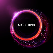 Colorful Ring With Luminous Swirling Spirals. Stellar Dust. Glowing Purple - Lilac Circle With Particles. Energy Brilliant Round Frame. Sparkling Neon Light Effect, Shiny Magic Banner.