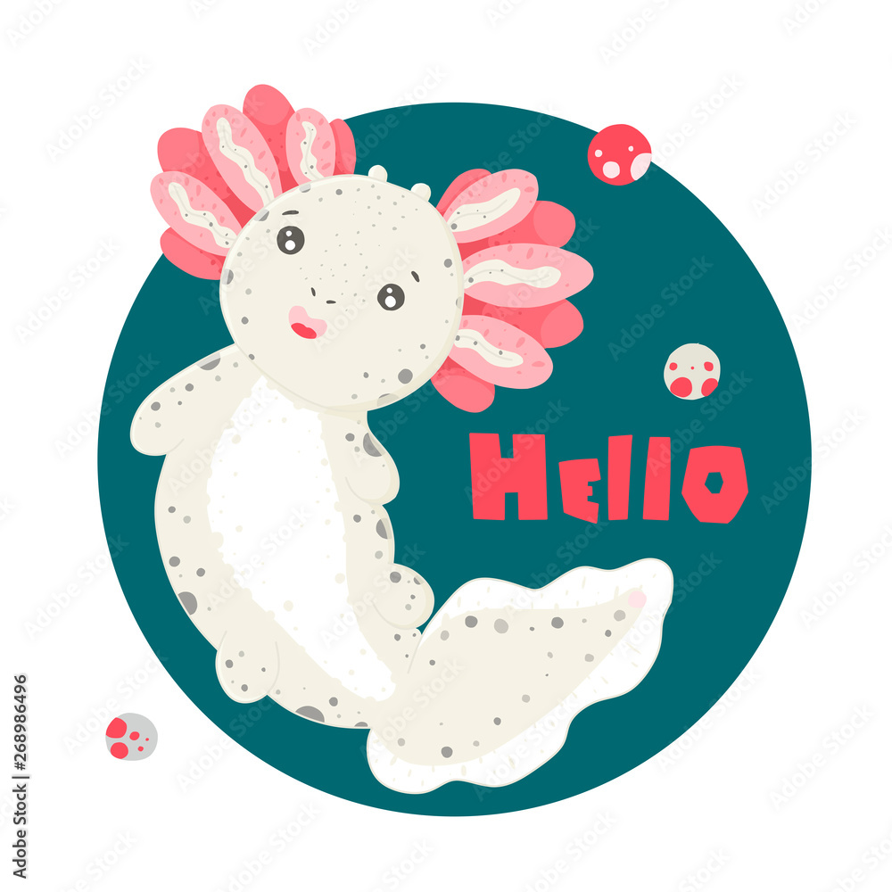 Cute Kawaii axolotl, baby amphibian drawing. Cute animal drawing, funny