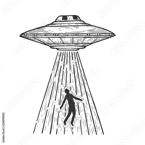 Fototapeta UFO Flying saucer kidnaps human person sketch line art engraving vector illustration