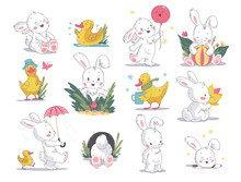 Vector Hand Drawn Illustration Set With Cute White Bunny And Yellow Little Duck Isolated On White Background. Good For Baby Shower Invitations, Birthday Cards, Stickers, Prints, Advent Calendar Etc.