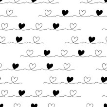 Vector Seamless Pattern. Hand Drawn Scribbled Hearts Monochromatic Pattern. Sketched Texture. Black Elements Isolated On White Background.