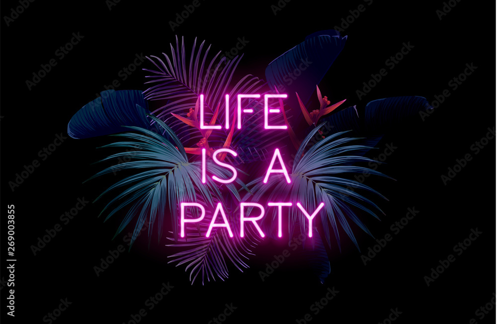 Dark blue and violet tropical party design with palm leaves and neon letters. Summer night vector illustration. - obrazy, fototapety, plakaty 