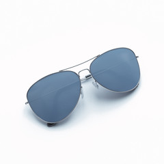 Poster - Realistic blue sunglasses lie on gray background. Summer poster. 3D model render illustration