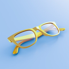 Wall Mural - Realistic gold sunglasses lie on blue background. Summer poster. 3D model render illustration