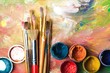 canvas print picture - Artist paint brushes and paint cans of paint over bright watercolor background