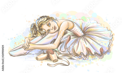 balet-recznie-rysowane-szkic-uroczej-baleriny-marzycielskiej-dziewczynki-w-tutu-z-pointe-buty-na-bialym-tle-z-akwarelowymi-plamami