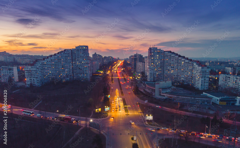 Obraz na płótnie Beautiful night city. The gates of the city of Chisinau, Moldova, aerial view w salonie