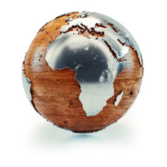 Wooden globe with metal continents