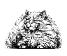 Wall Mural - wall sticker. black and white, graphic, artistic drawing of a cute fluffy cat is pretty squinting in