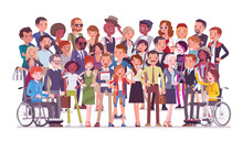 Diverse Group Of People Full Length Portrait. Members Of Different Nations, Various Age, Sex, Health, Social Class, Standing Together. Vector Flat Style Cartoon Illustration Isolated, White Background