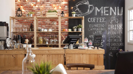 3d render of cafe bar restaurant nobody indoor. empty coffee shop interior daytime with wooden desig