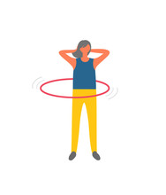 Sport And Fitness Exercise, Woman Rotating Hula Hup Vector. Firl And Hoop, Waist Building And Weight Loss, Healthy Lifestyle And Physical Activity