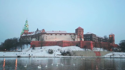 Wall Mural - View of the Wawel castle and the Vistula River in Krakow in winter day