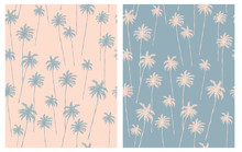 Retro Style Palm Trees Seamless Vector Pattern. Pale Pink And Blue Tropical Design For Textile, Card, Wrapping Paper, Aloha Party Decoration. Pink Hand Drawn Palms Isolated On A Pale Blue Background. 