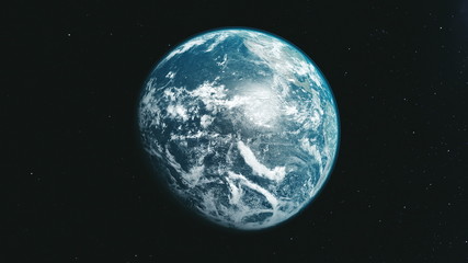 Wall Mural - earth orbit zoom reverse open space background. rotate planet solar system soft sun beam celestial c