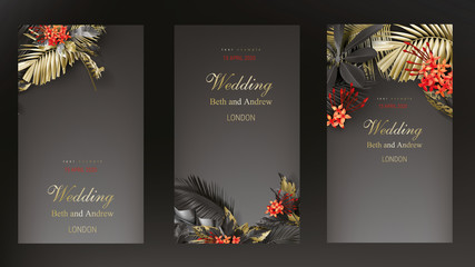 Tropical black and gold leaves on dark background vector poster set Beautiful botanical design with golden tropic jungle palm leaves, exotic red flower Wedding ceremony invitation card, holiday sale