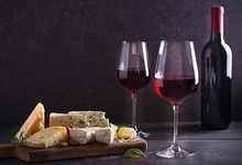 Red Wine With Cheese On Chopping Board. Wine And Food Concept - Image