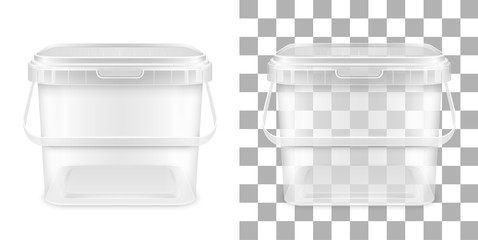 Wall Mural - Vector transparent square empty plastic bucket with handle. Front view.