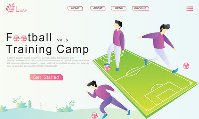 3 boys practice football with the method of kicking and dribbling the ball with the concept of a soccer field. suitable for websites, landing pages, UI, UX,  banners. flat cartoon vector illustrations