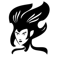 Vector illustration of a fantasy girl image. Black and white portrait in modern design style. Woman graphic icon.