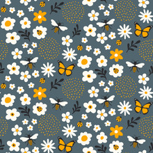 Cute Flowers And Bugs Seamless Pattern - Cartoon Bugs, Plants, Herbs, Flowers - Childish Design For Wrapping Paper And Textile