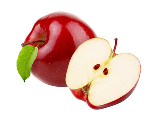 Wall Mural - Red apple with apple half and leaf without shadows isolated on white background