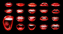 Emotional Sexy Bright Red Lips Of The Female Mouth. The Passion Of A Female Open Mouth Is Seductive With Lipstick. The Image Of The Magazine Lips Of A Girl On A Black Image. Red With Open Mouth.