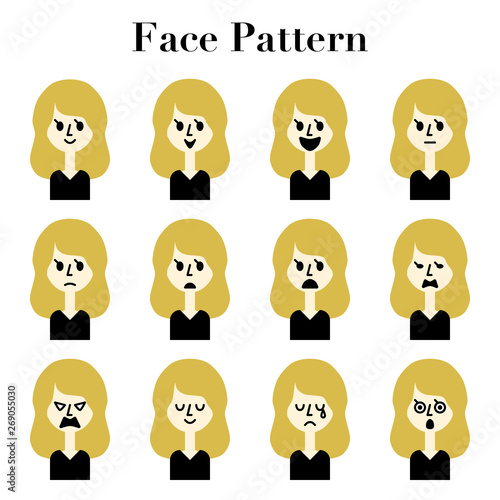 ロングブロンドヘアの女性のシンプルでかわいい顔の表情12パターンのイラストセット Adobe Stock でこのストックベクターを購入して 類似のベクターをさらに検索 Adobe Stock