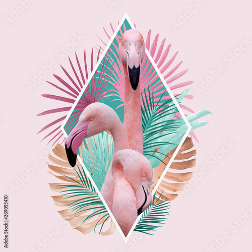 Fotomural tropical leaves flamingo design in light pink, turquoise and golden colors, can