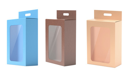 Box mock up set. Colored display boxes with transparent window. 3d rendering illustration isolated