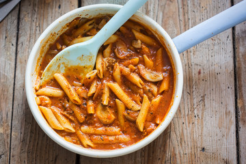 Wall Mural - Pasta bolognese with minced beef, tomato sauce on pan