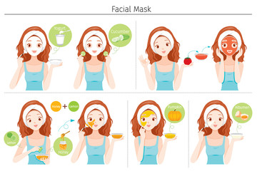 Young Woman Mask Her Face With Natural Facial Mask, Yogurt And Fruits