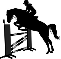 jumping show. horse  with jockey jumping a hurdle silhouette