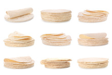 Set Of Delicious Tortillas On White Background. Unleavened Bread