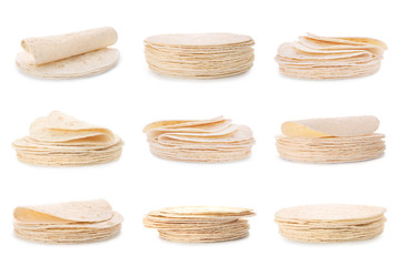 Set of delicious tortillas on white background. Unleavened bread