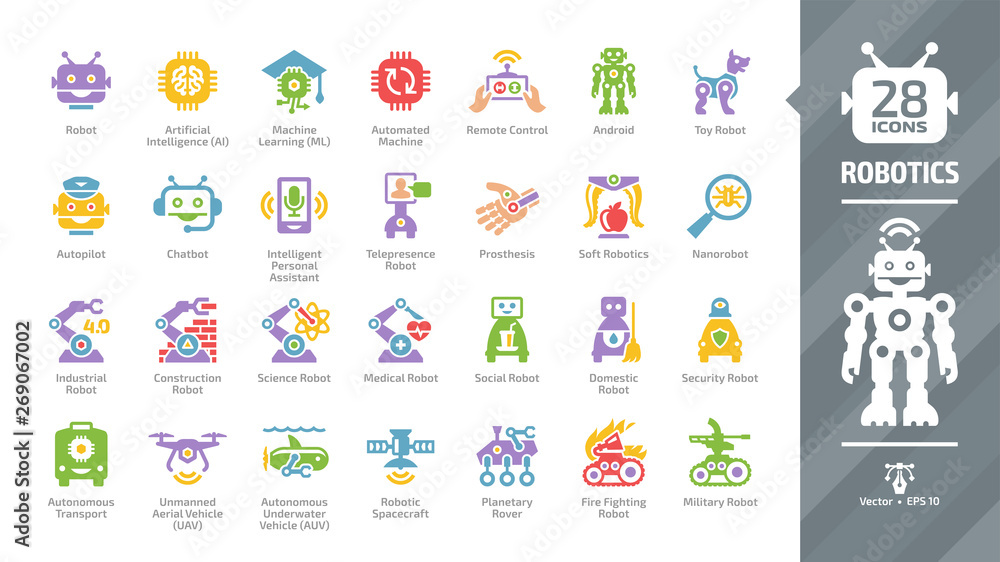 Robotics color icon set with robot industry technology, artificial ...