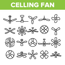 Ceiling Fans, Propellers Vector Linear Icons Set. Electric Indoor Fans Outline Symbols Pack. Air Conditioning, Cooling, Climate Control Technology. Household Appliance Isolated Contour Illustrations