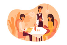People Having Dinner At Restaurant Illustration Isolated On White Background