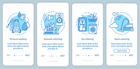 Cleaning methods onboarding mobile app page screen, linear concepts