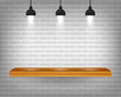 Vector empty wooden shelf isolated on gray brick wall background. Vector stock illustration.