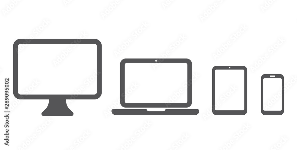 Device icon: Computer, laptop, tablet and smartphone set. Vector illustration - obrazy, fototapety, plakaty 