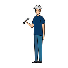 Poster - builder worker with helmet and wrench