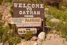 Rustic Welcome Sign For The Popular Tourist Town Of Oatman Arizona. On Route 66
